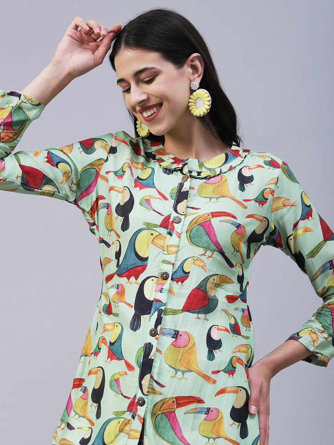 Bird Printed Wooden Buttoned Shirt - Green & Multi - Indiakreations