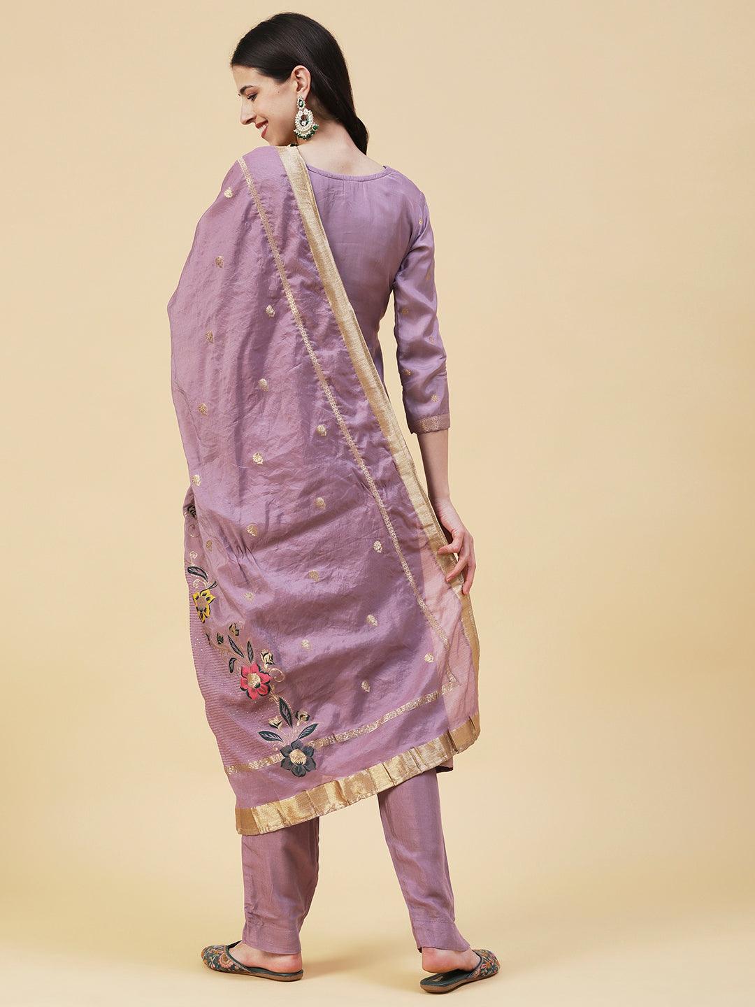 Woven Zari Jacquard Sequins & Zari Embroidered Kurta With Pants & Zari Dupatta - Lavender - Indiakreations