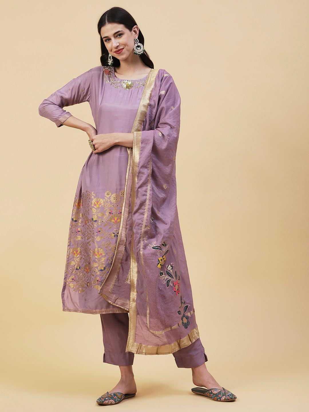 Woven Zari Jacquard Sequins & Zari Embroidered Kurta With Pants & Zari Dupatta - Lavender - Indiakreations