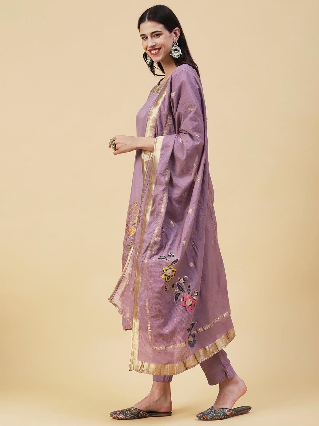 Woven Zari Jacquard Sequins & Zari Embroidered Kurta With Pants & Zari Dupatta - Lavender - Indiakreations