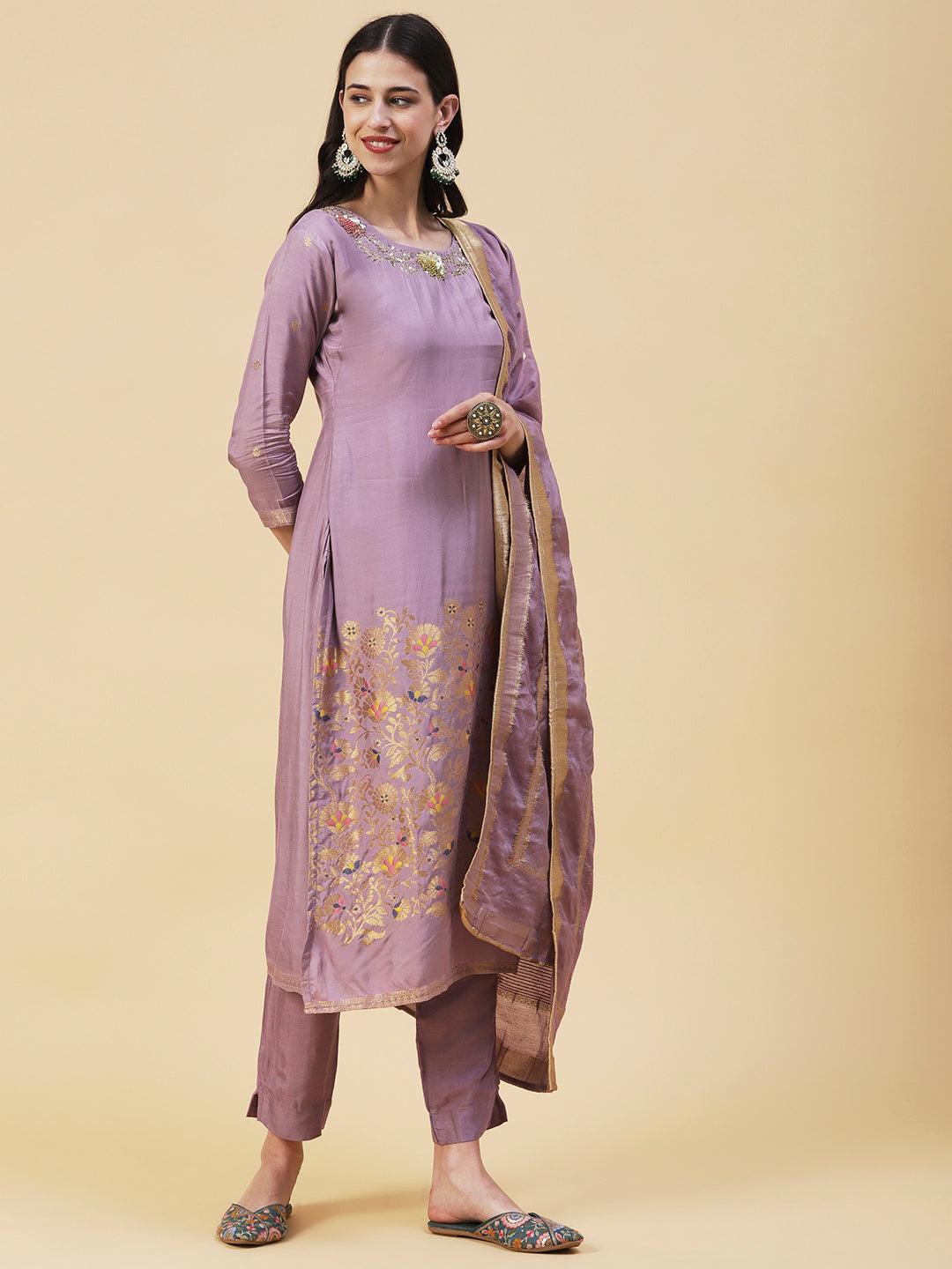 Woven Zari Jacquard Sequins & Zari Embroidered Kurta With Pants & Zari Dupatta - Lavender - Indiakreations