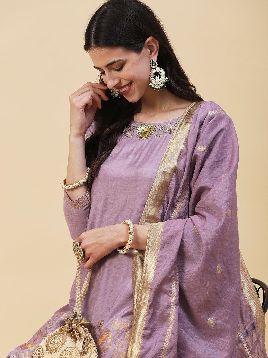 Woven Zari Jacquard Sequins & Zari Embroidered Kurta With Pants & Zari Dupatta - Lavender - Indiakreations