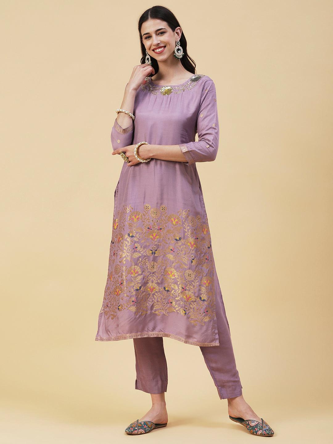 Woven Zari Jacquard Sequins & Zari Embroidered Kurta With Pants & Zari Dupatta - Lavender - Indiakreations