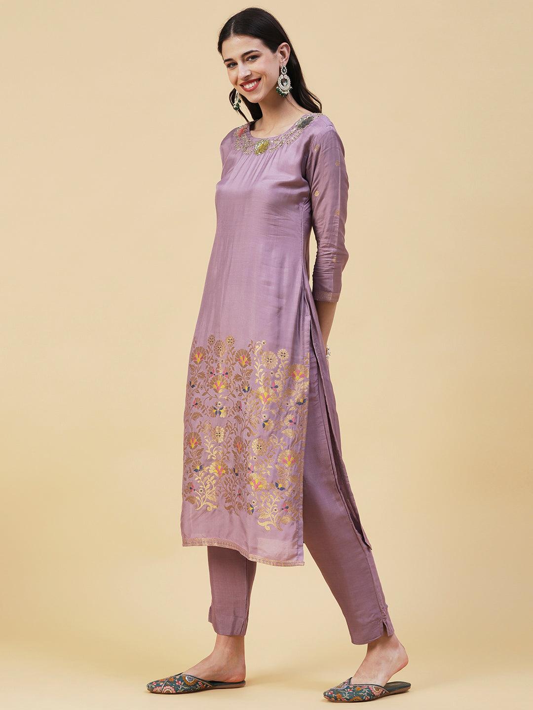 Woven Zari Jacquard Sequins & Zari Embroidered Kurta With Pants & Zari Dupatta - Lavender - Indiakreations