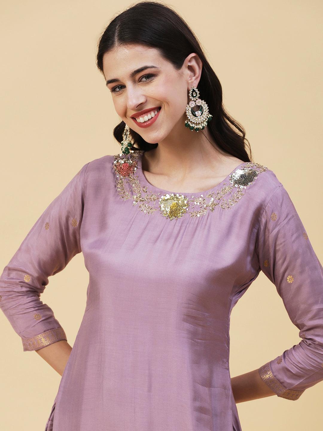 Woven Zari Jacquard Sequins & Zari Embroidered Kurta With Pants & Zari Dupatta - Lavender - Indiakreations