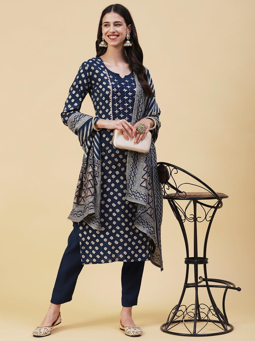 Bandhani Printed Gotapatti Embroidered Kurta With Pants & Dupatta - Navy Blue - Indiakreations