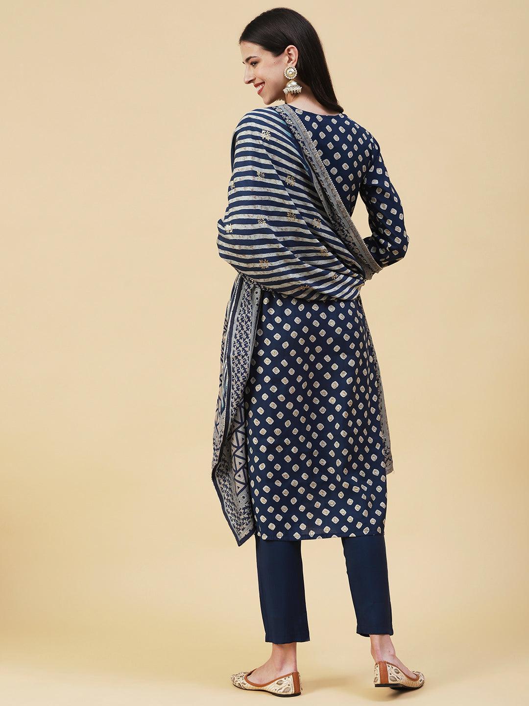 Bandhani Printed Gotapatti Embroidered Kurta With Pants & Dupatta - Navy Blue - Indiakreations