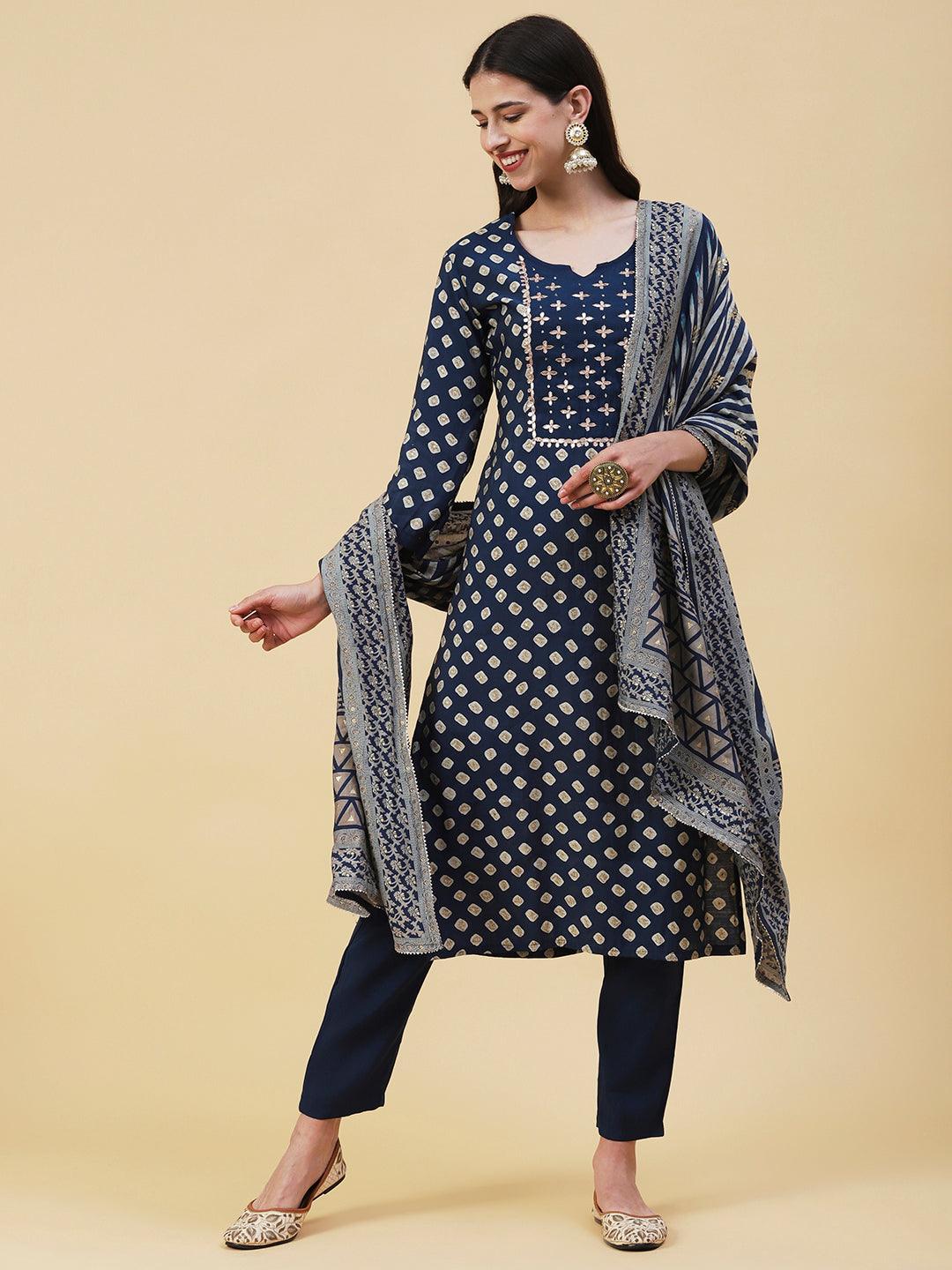 Bandhani Printed Gotapatti Embroidered Kurta With Pants & Dupatta - Navy Blue - Indiakreations