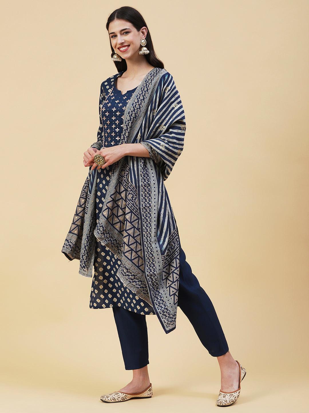 Bandhani Printed Gotapatti Embroidered Kurta With Pants & Dupatta - Navy Blue - Indiakreations