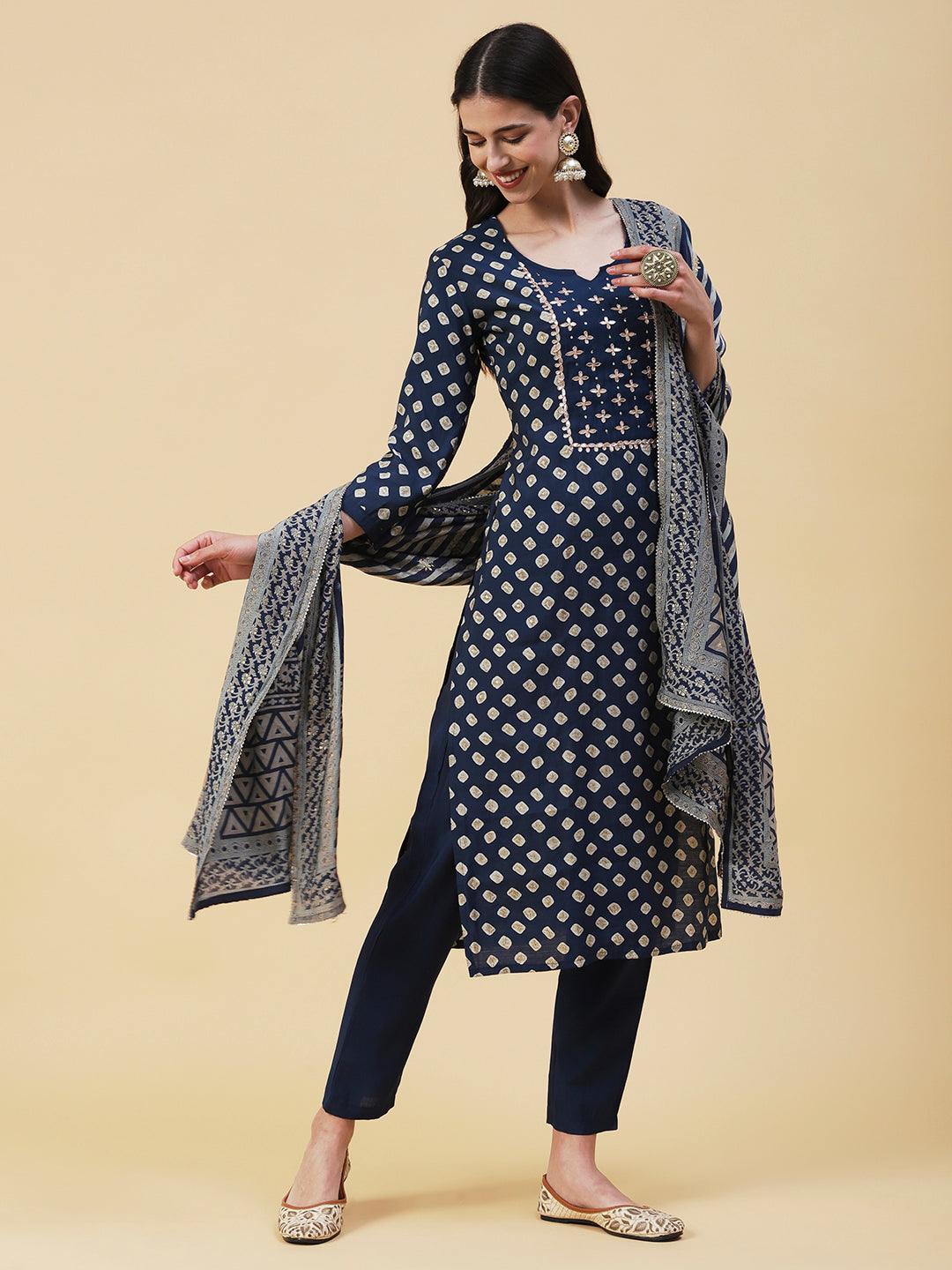 Bandhani Printed Gotapatti Embroidered Kurta With Pants & Dupatta - Navy Blue - Indiakreations