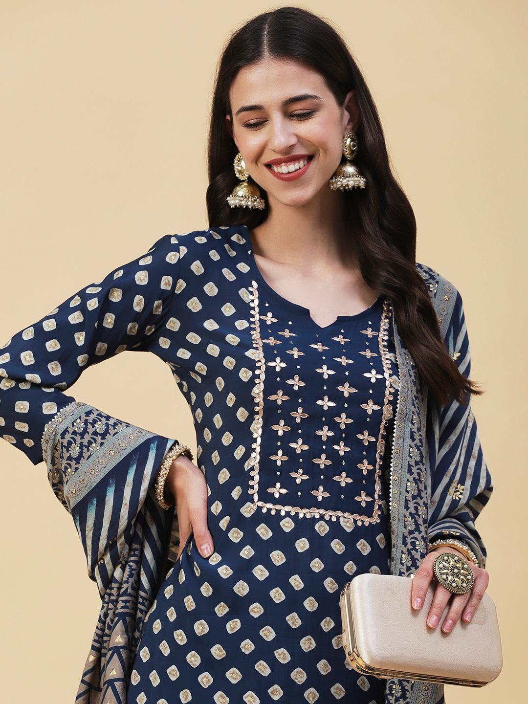 Bandhani Printed Gotapatti Embroidered Kurta With Pants & Dupatta - Navy Blue - Indiakreations