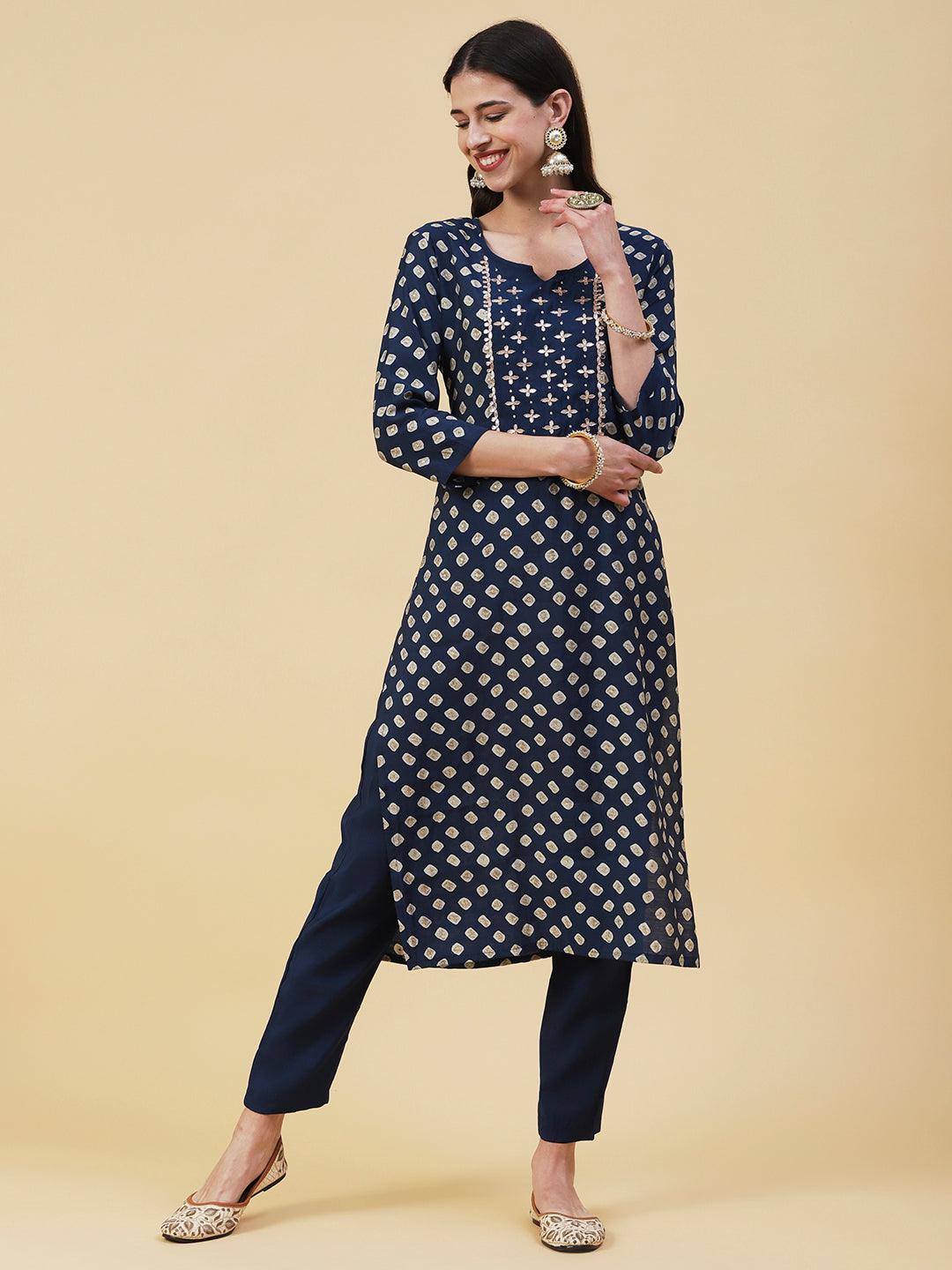 Bandhani Printed Gotapatti Embroidered Kurta With Pants & Dupatta - Navy Blue - Indiakreations