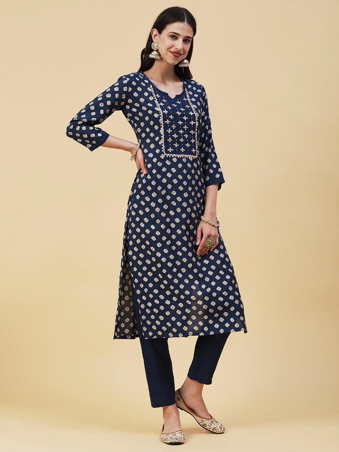 Bandhani Printed Gotapatti Embroidered Kurta With Pants & Dupatta - Navy Blue - Indiakreations