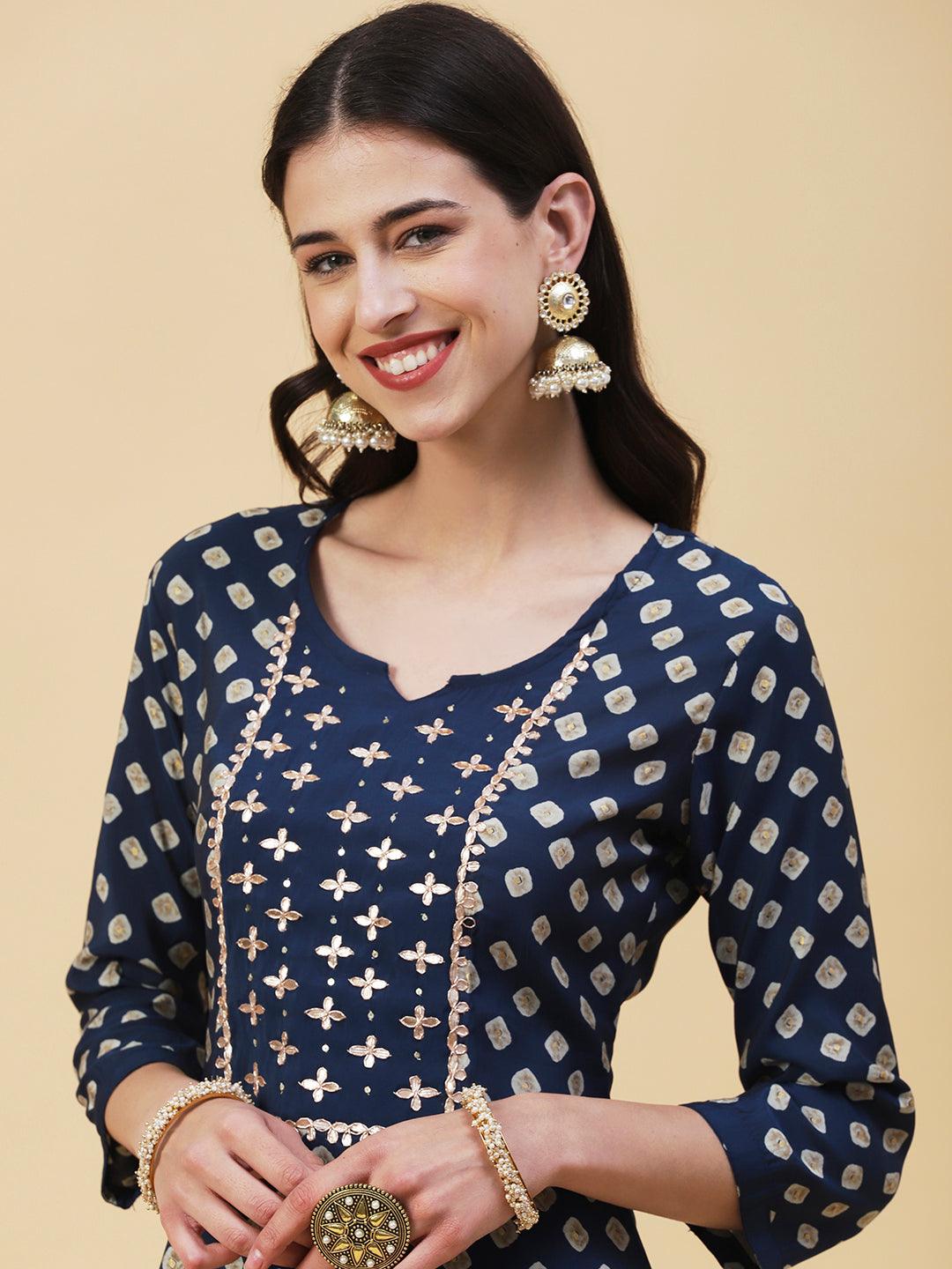 Bandhani Printed Gotapatti Embroidered Kurta With Pants & Dupatta - Navy Blue - Indiakreations