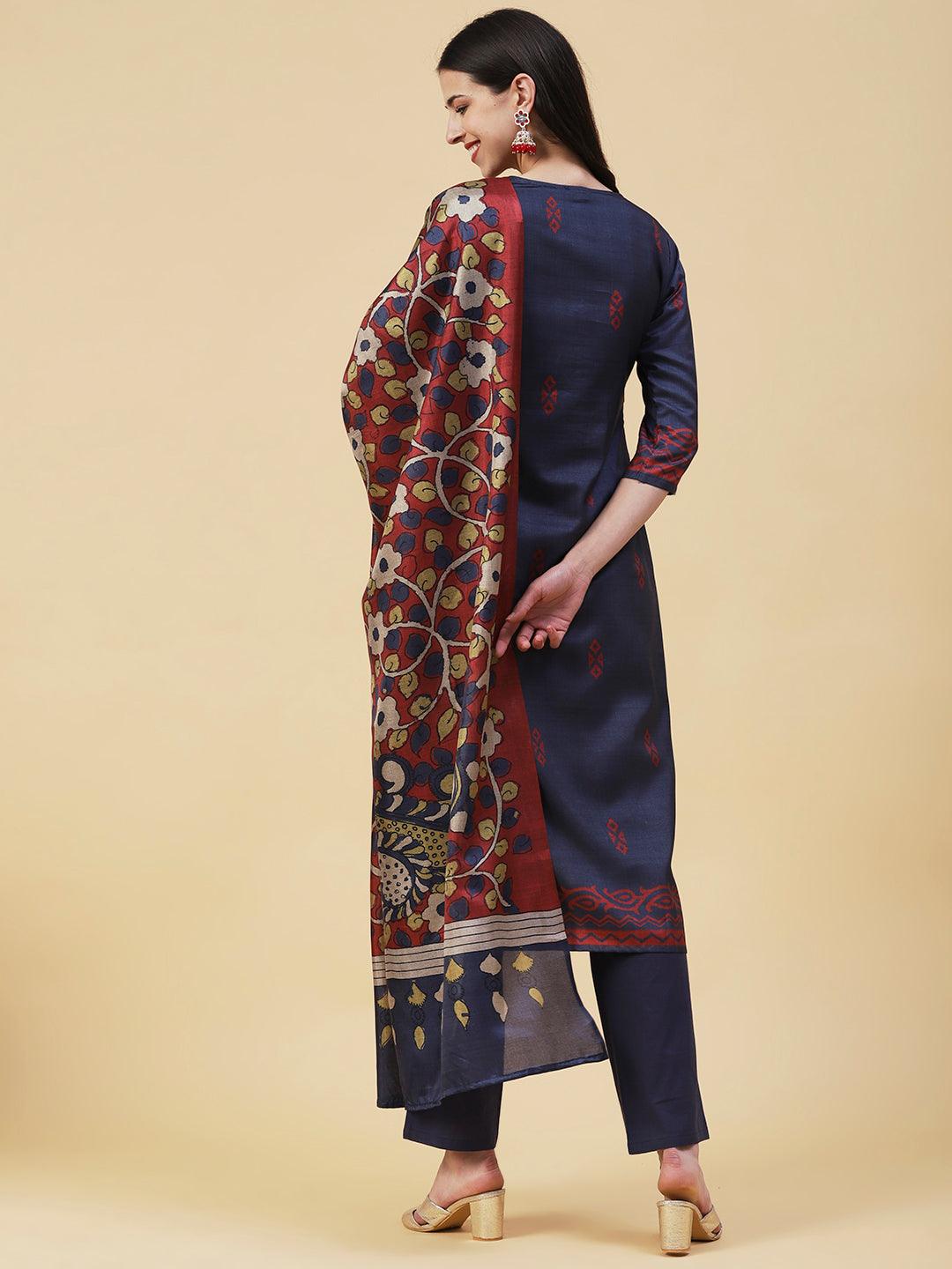 Ethnic Printed Resham & Sequins Embroidered Kurta With Pants & Printed Dupatta - Dark Grey - Indiakreations