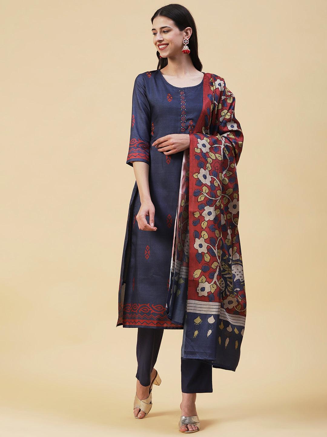 Ethnic Printed Resham & Sequins Embroidered Kurta With Pants & Printed Dupatta - Dark Grey - Indiakreations