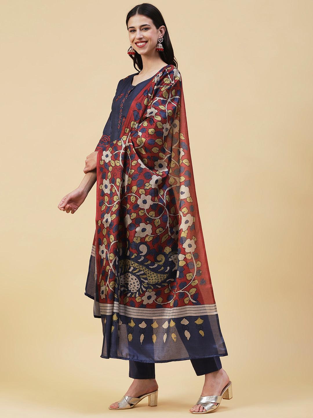 Ethnic Printed Resham & Sequins Embroidered Kurta With Pants & Printed Dupatta - Dark Grey - Indiakreations