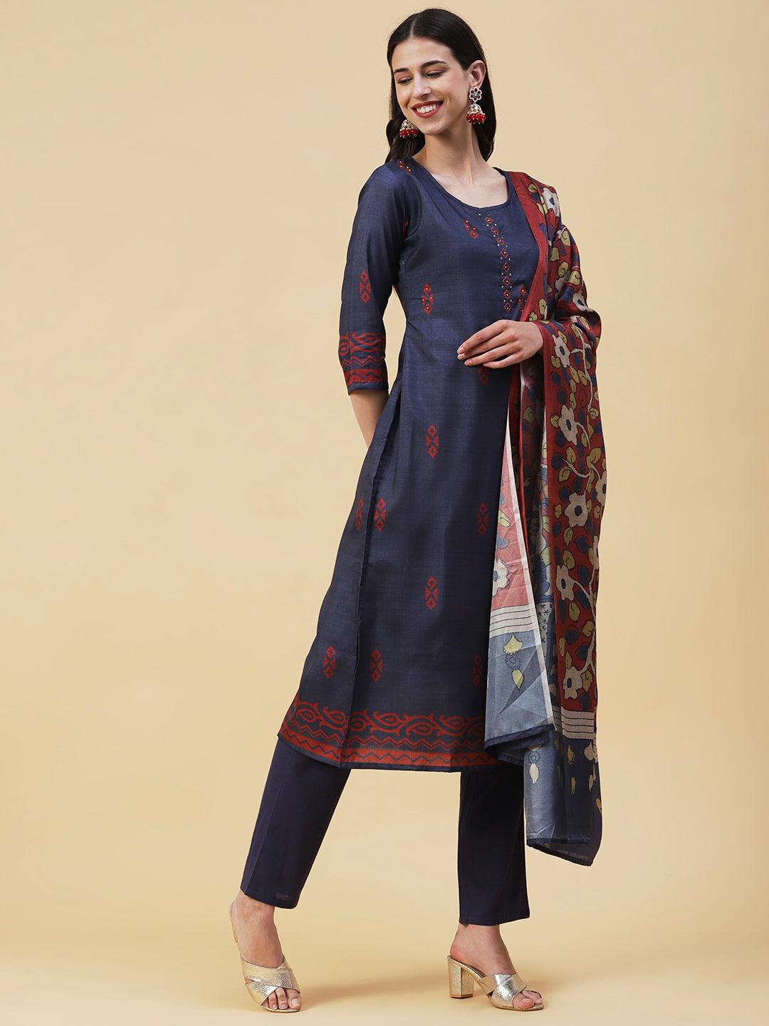 Ethnic Printed Resham & Sequins Embroidered Kurta With Pants & Printed Dupatta - Dark Grey - Indiakreations