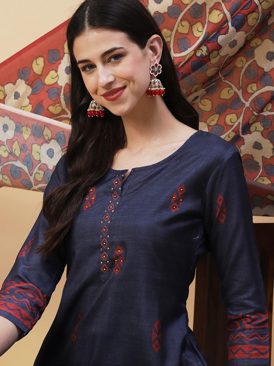 Ethnic Printed Resham & Sequins Embroidered Kurta With Pants & Printed Dupatta - Dark Grey - Indiakreations