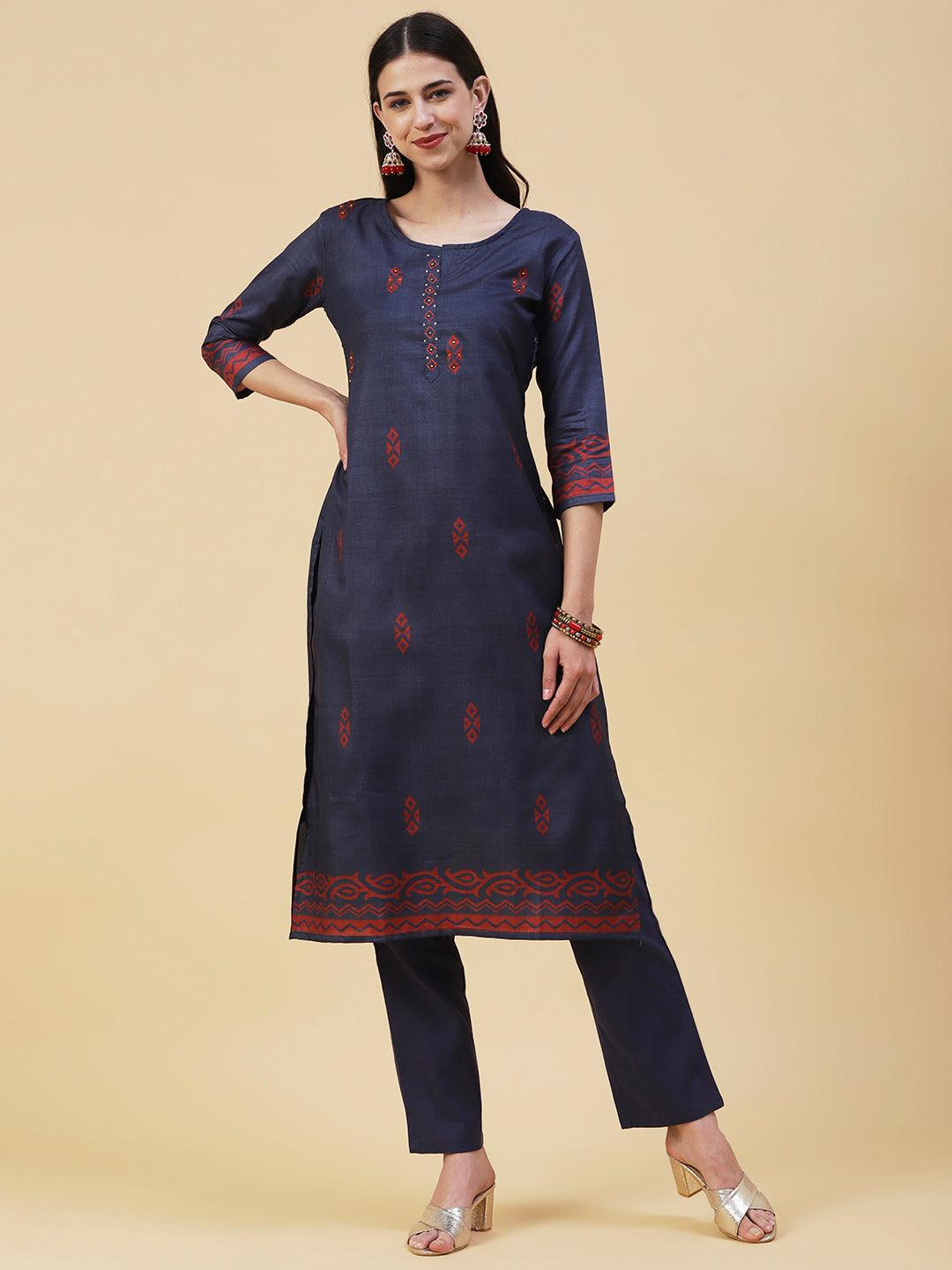 Ethnic Printed Resham & Sequins Embroidered Kurta With Pants & Printed Dupatta - Dark Grey - Indiakreations