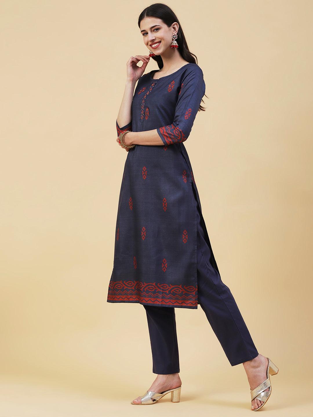 Ethnic Printed Resham & Sequins Embroidered Kurta With Pants & Printed Dupatta - Dark Grey - Indiakreations