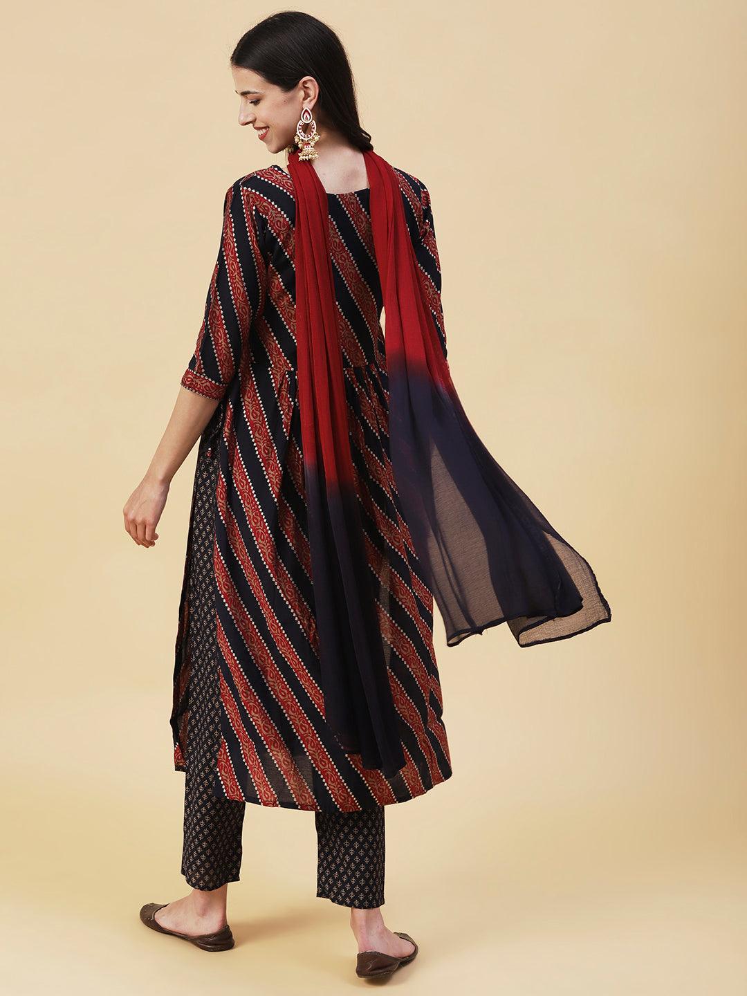 Paisley Printed Mirror & Cutdana Embroidered Kurta With Pants & Dupatta - Navy Blue - Indiakreations