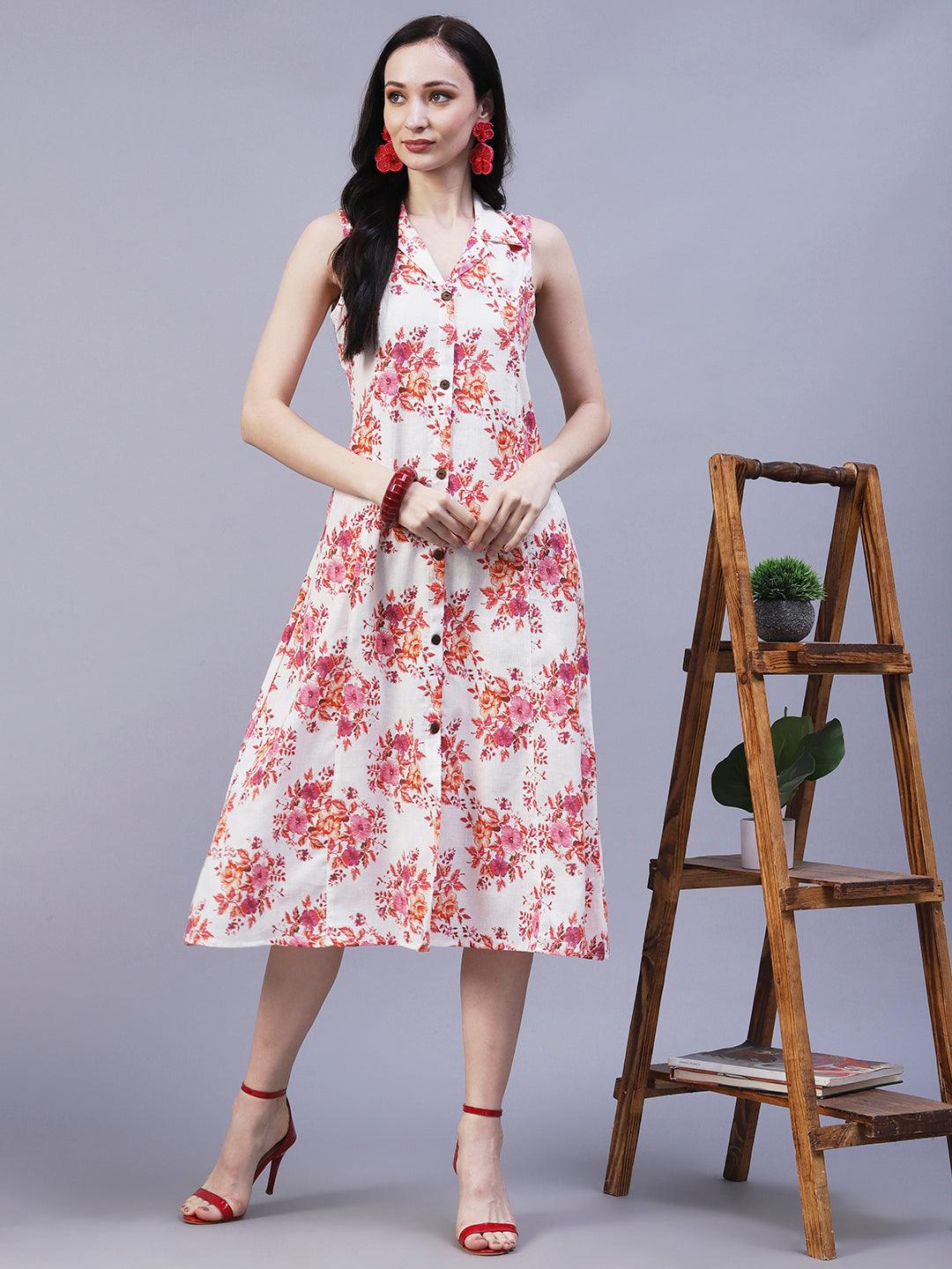 Floral Printed A-Line Midi Dress - Off White - Indiakreations