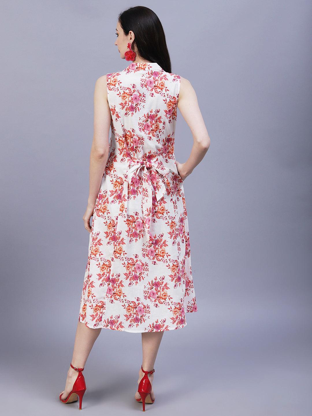 Floral Printed A-Line Midi Dress - Off White - Indiakreations