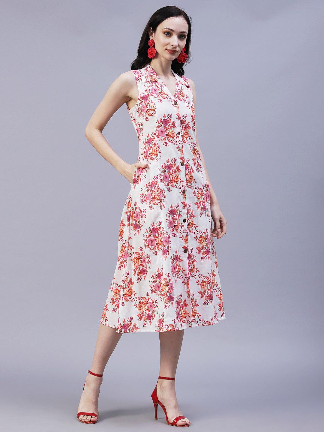 Floral Printed A-Line Midi Dress - Off White - Indiakreations