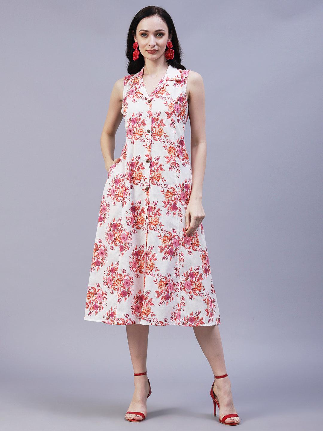 Floral Printed A-Line Midi Dress - Off White - Indiakreations