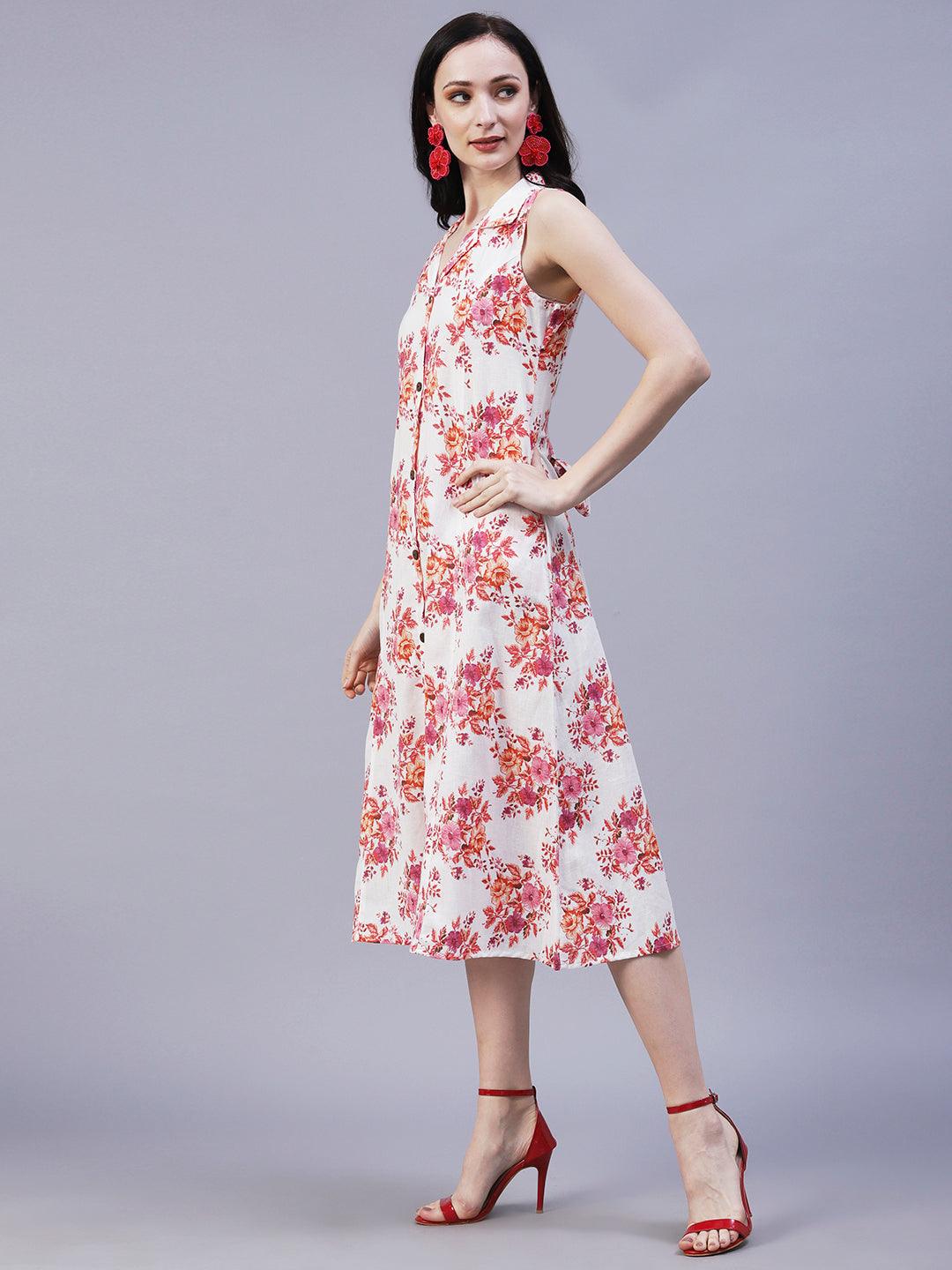 Floral Printed A-Line Midi Dress - Off White - Indiakreations