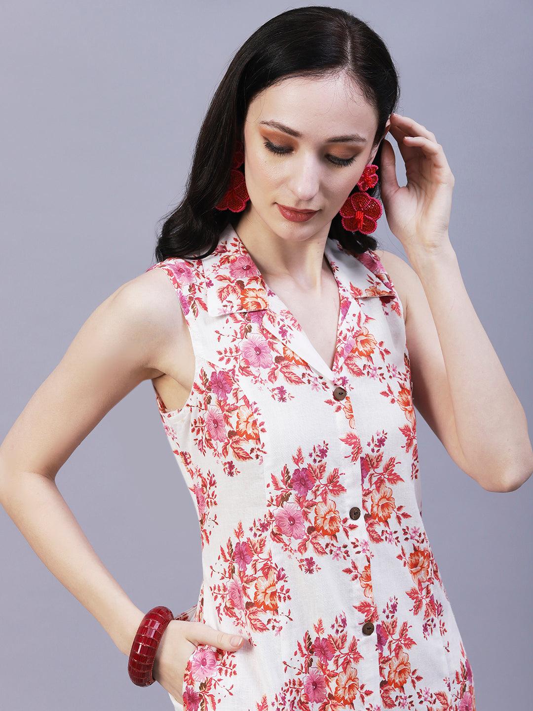 Floral Printed A-Line Midi Dress - Off White - Indiakreations