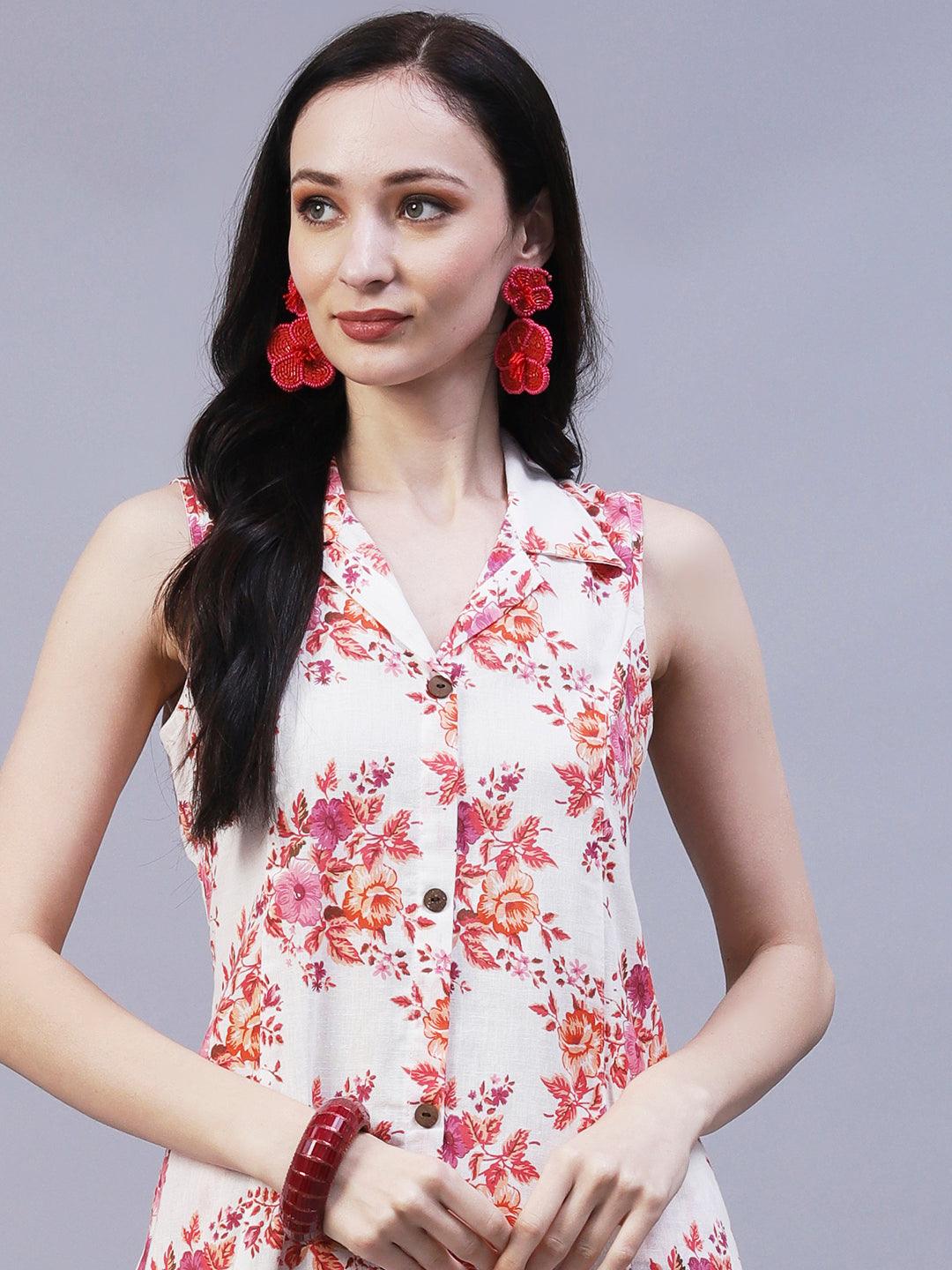 Floral Printed A-Line Midi Dress - Off White - Indiakreations