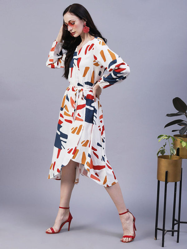 Abstract Printed Wrap A-Line Midi Dress with Belt - White - Indiakreations