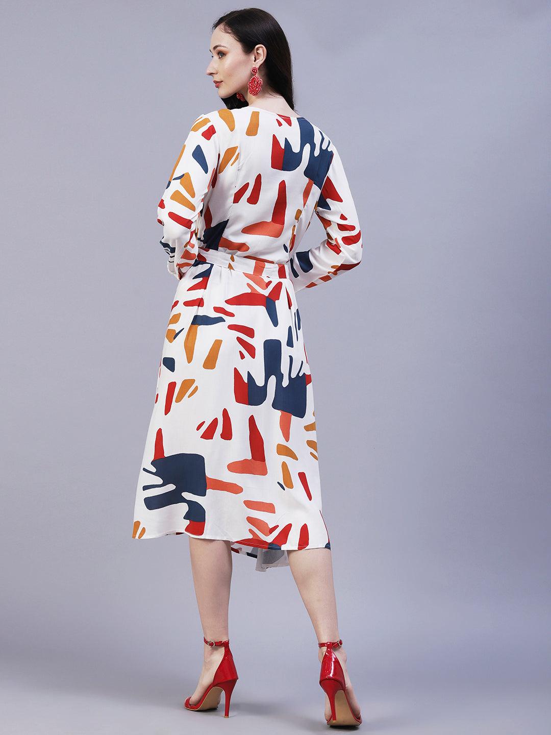 Abstract Printed Wrap A-Line Midi Dress with Belt - White - Indiakreations