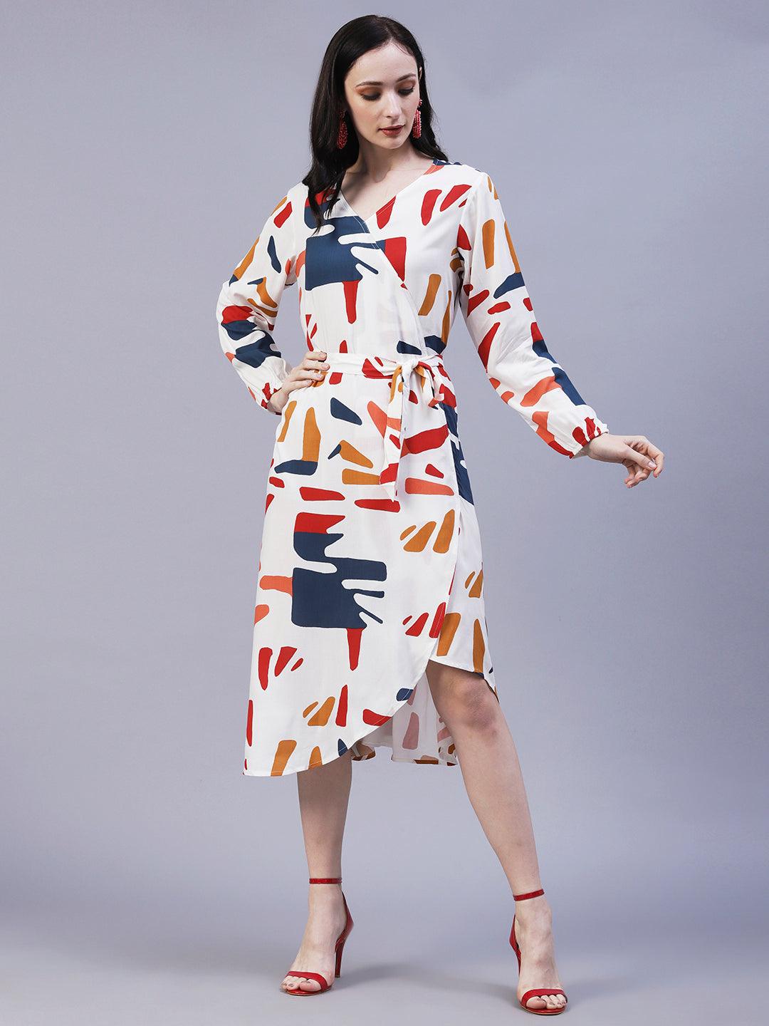 Abstract Printed Wrap A-Line Midi Dress with Belt - White - Indiakreations