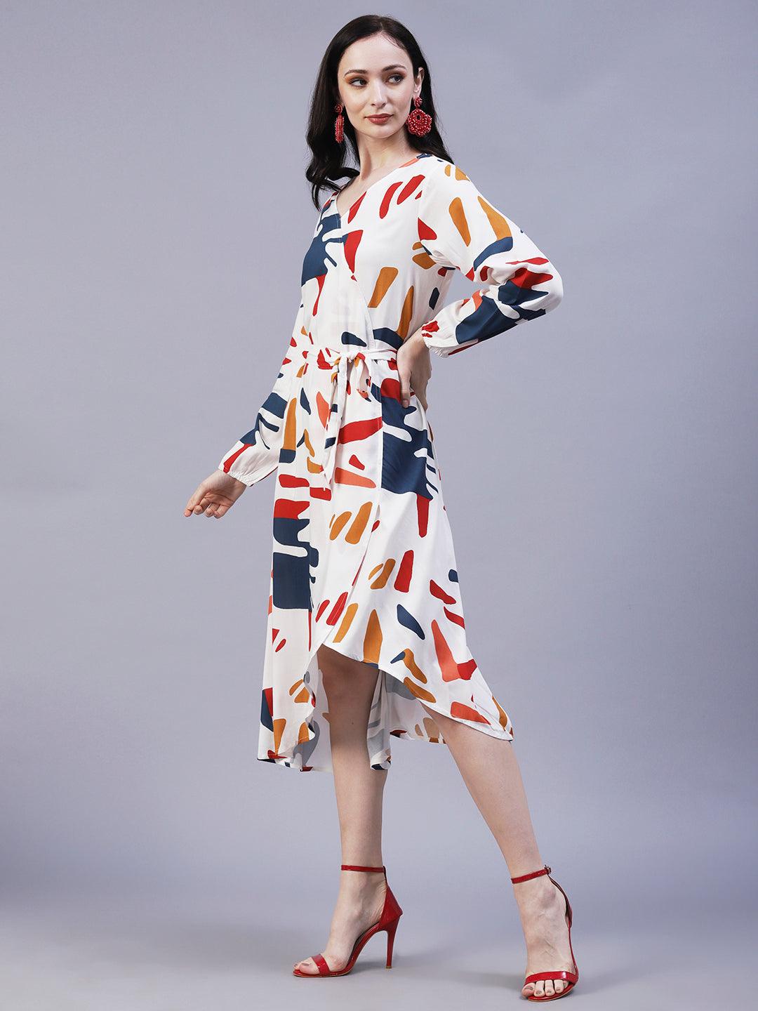 Abstract Printed Wrap A-Line Midi Dress with Belt - White - Indiakreations