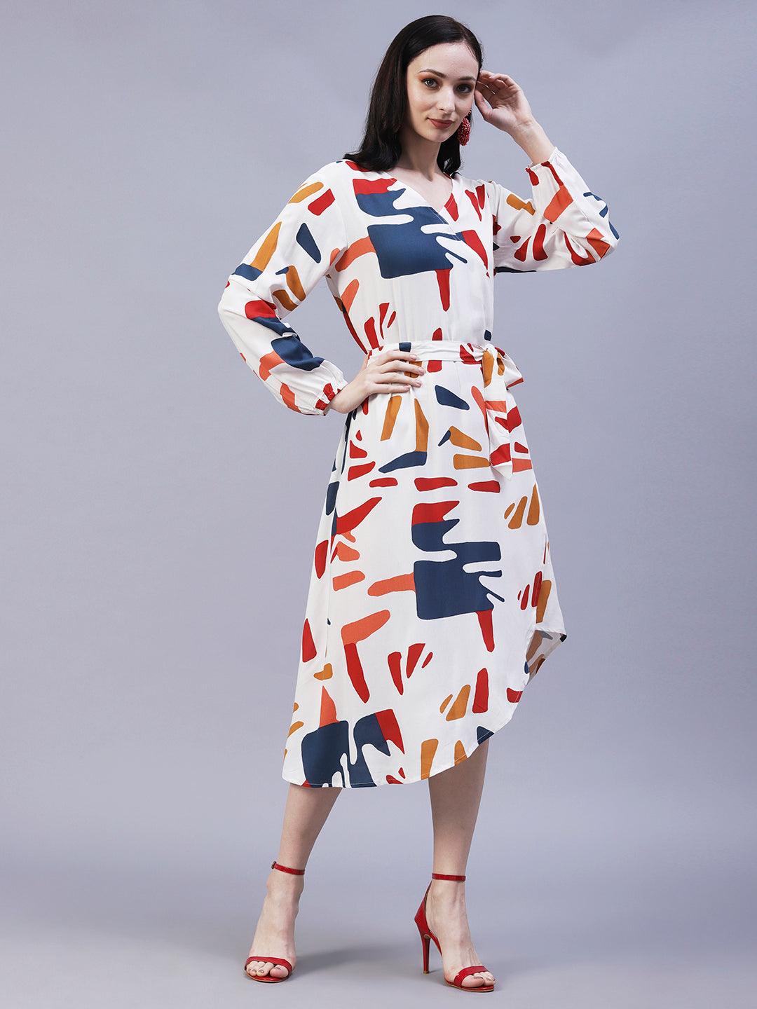 Abstract Printed Wrap A-Line Midi Dress with Belt - White - Indiakreations