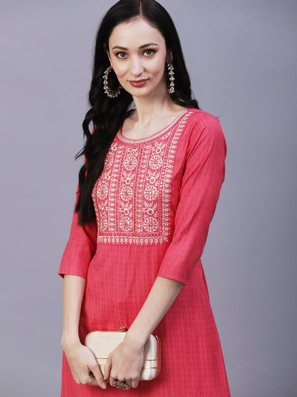 Woven Striped Resham & Mirror Embroidered Kurta - Peach Pink - Indiakreations