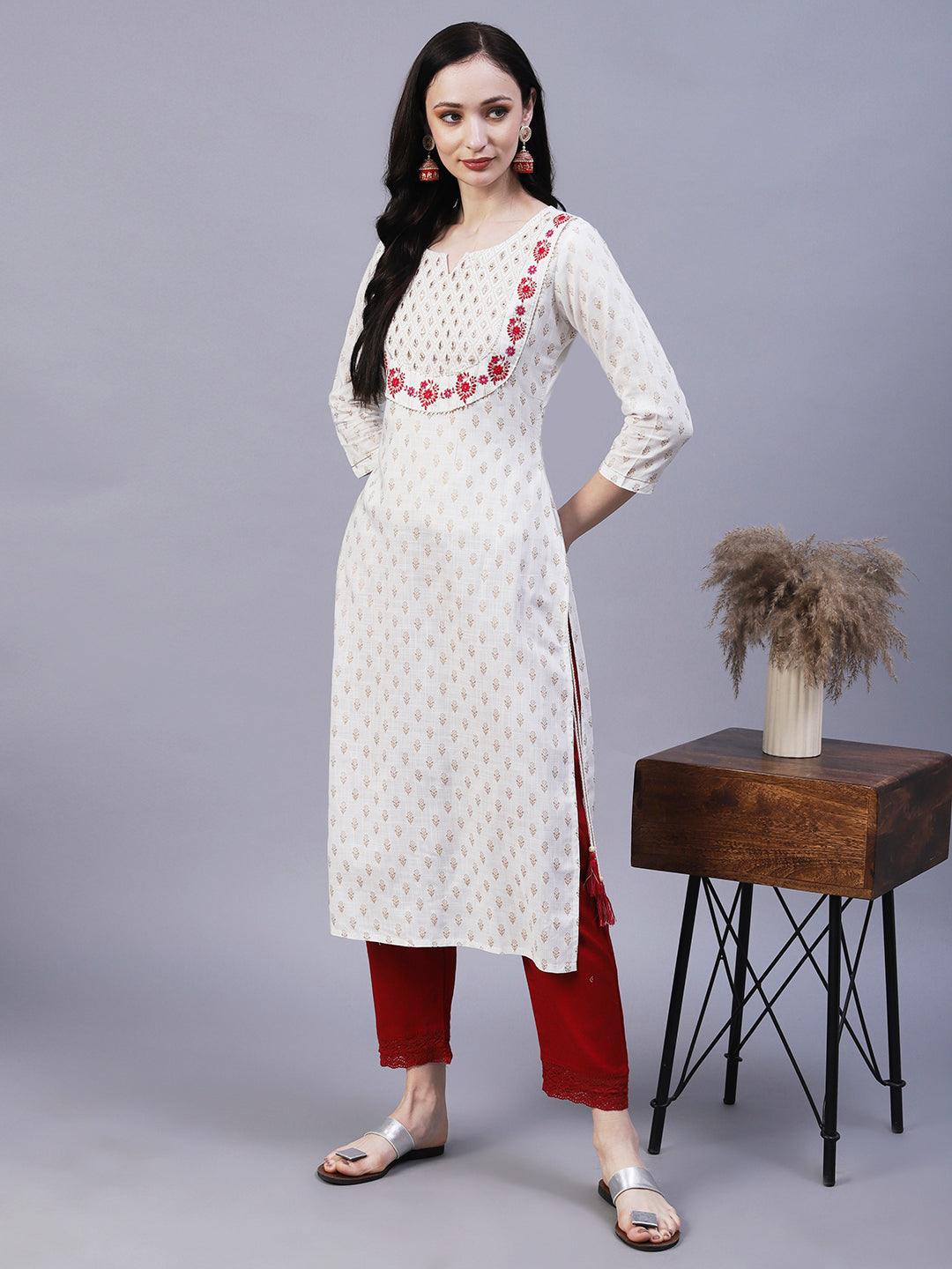 Ethnic Foil Printed & Embroidered Straight Fit Kurta - Off White - Indiakreations