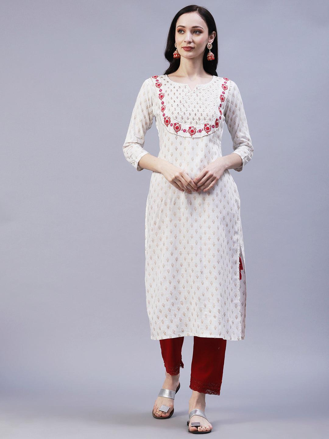 Ethnic Foil Printed & Embroidered Straight Fit Kurta - Off White - Indiakreations