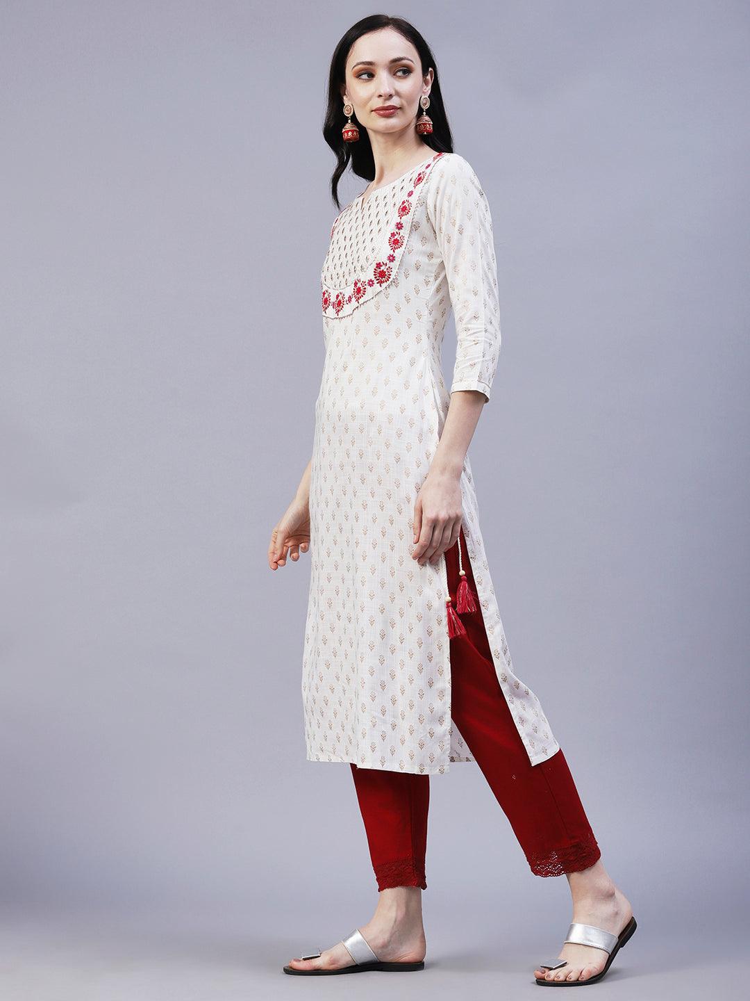 Ethnic Foil Printed & Embroidered Straight Fit Kurta - Off White - Indiakreations