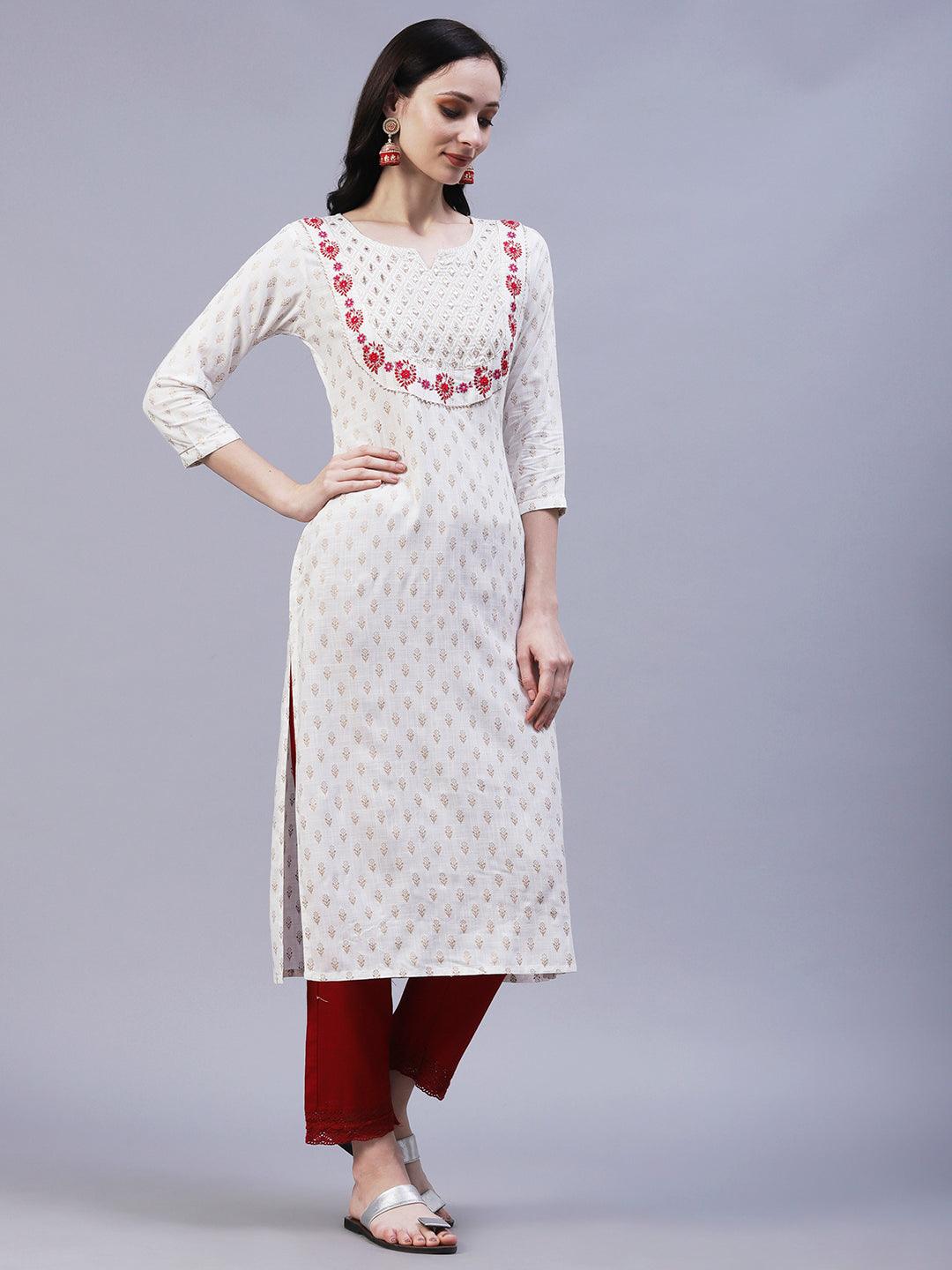 Ethnic Foil Printed & Embroidered Straight Fit Kurta - Off White - Indiakreations