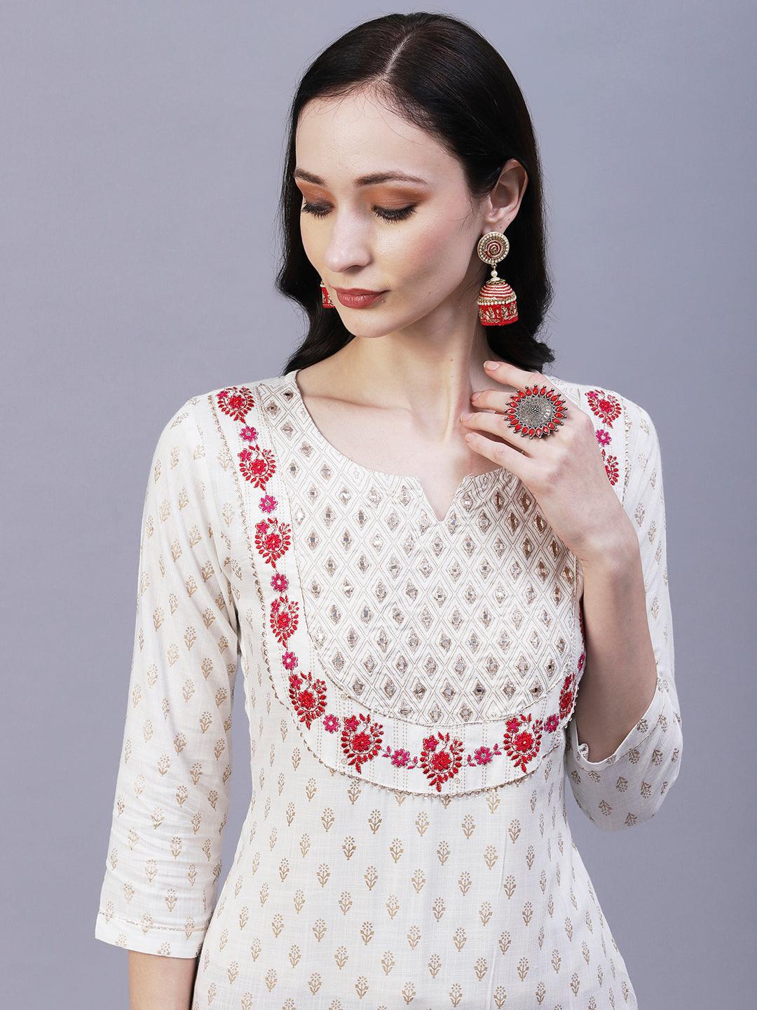 Ethnic Foil Printed & Embroidered Straight Fit Kurta - Off White - Indiakreations