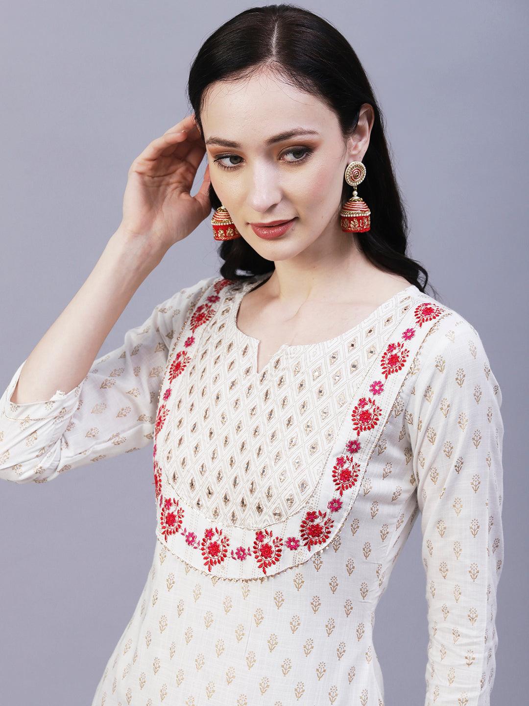 Ethnic Foil Printed & Embroidered Straight Fit Kurta - Off White - Indiakreations