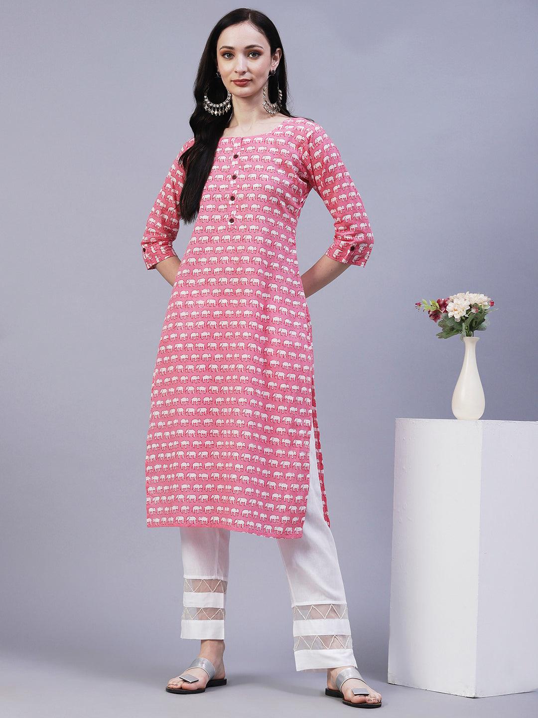 Elephant Motif Printed Straight Fit Kurta - Pink - Indiakreations