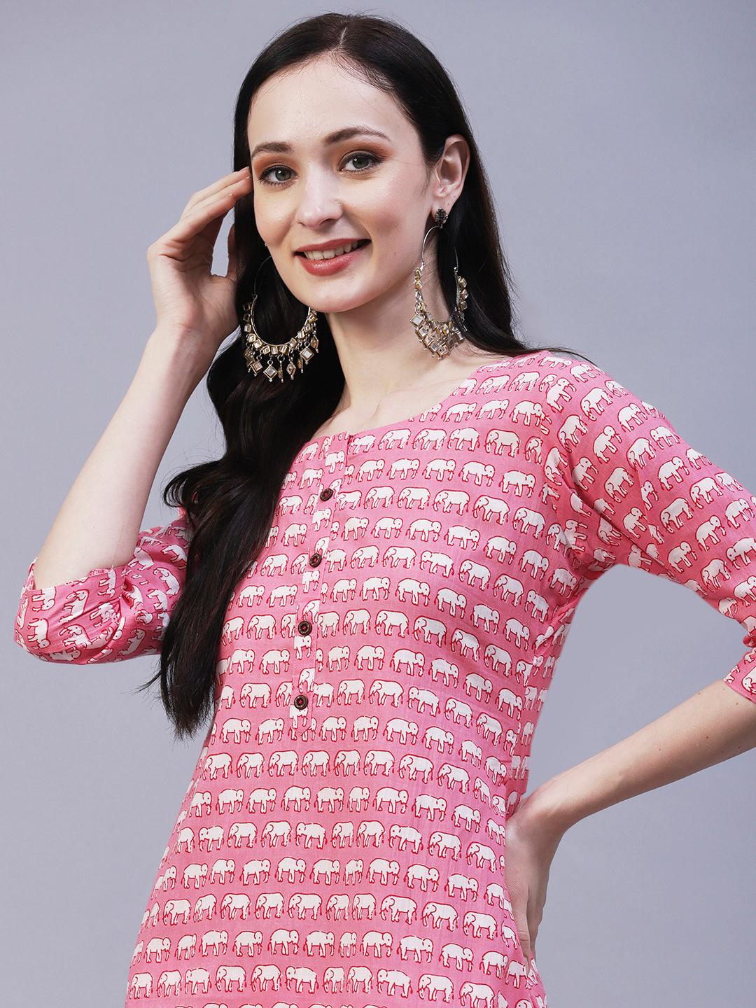 Elephant Motif Printed Straight Fit Kurta - Pink - Indiakreations