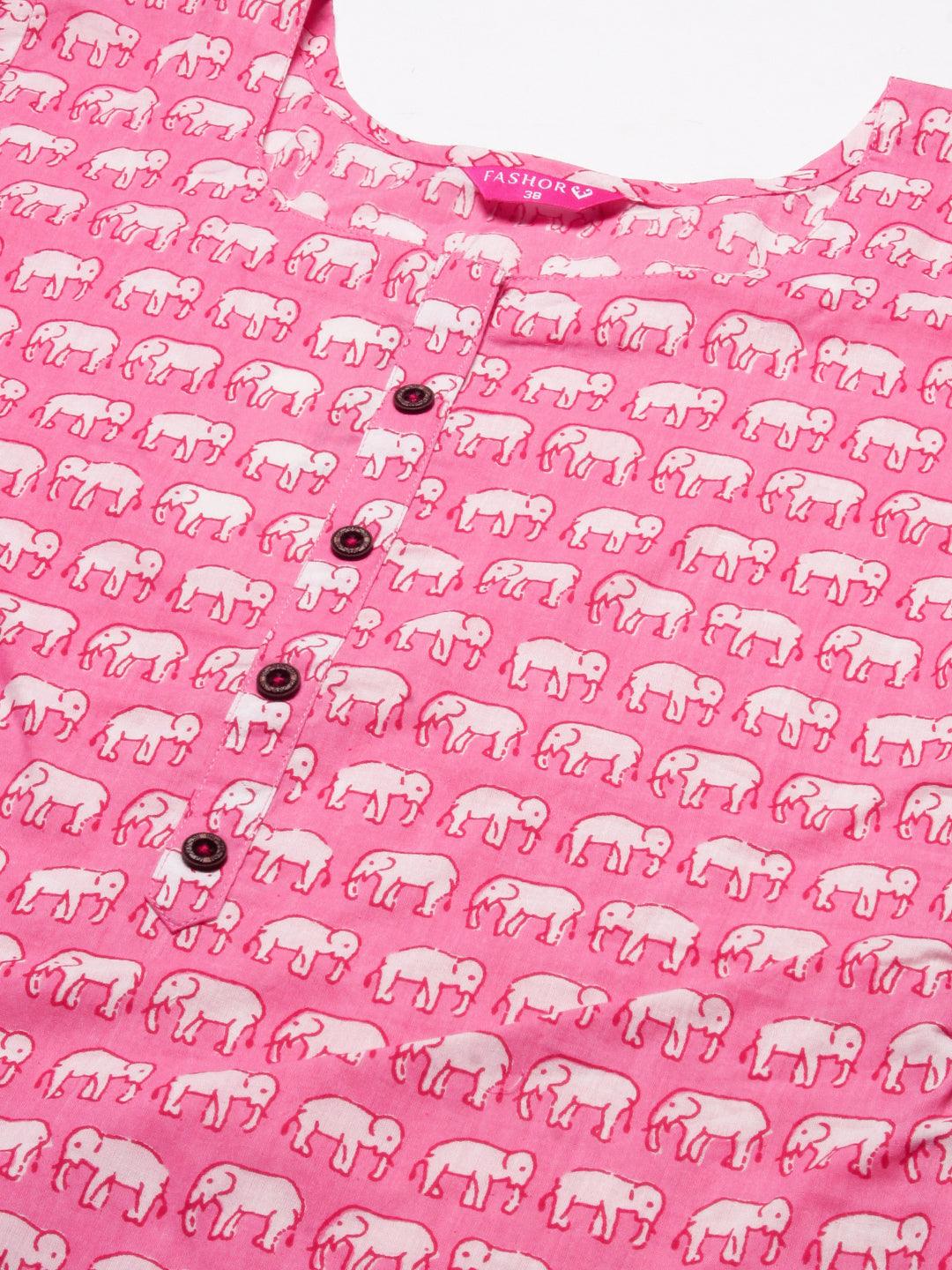 Elephant Motif Printed Straight Fit Kurta - Pink - Indiakreations