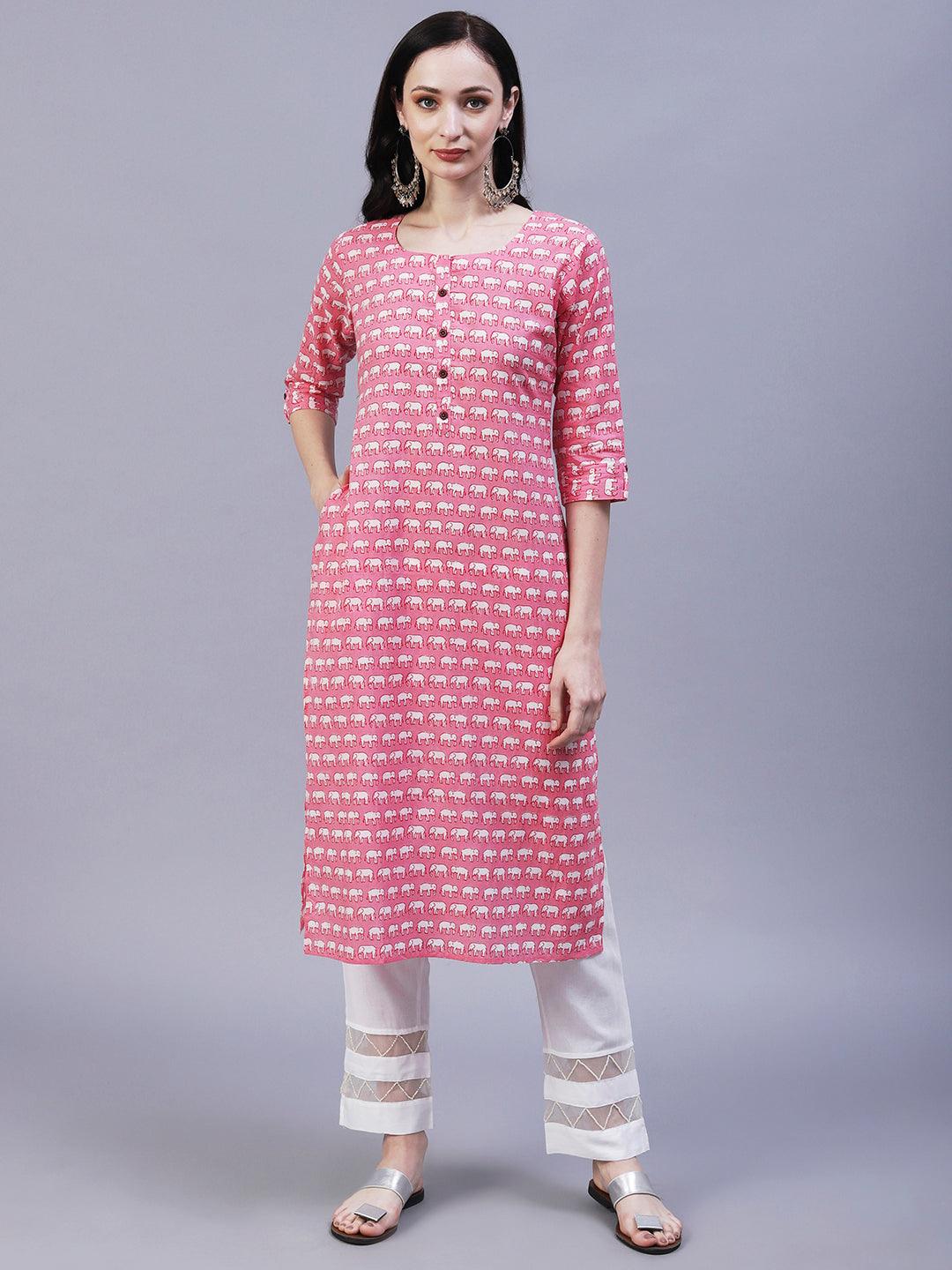 Elephant Motif Printed Straight Fit Kurta - Pink - Indiakreations