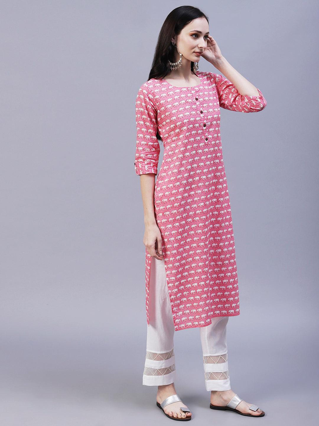 Elephant Motif Printed Straight Fit Kurta - Pink - Indiakreations